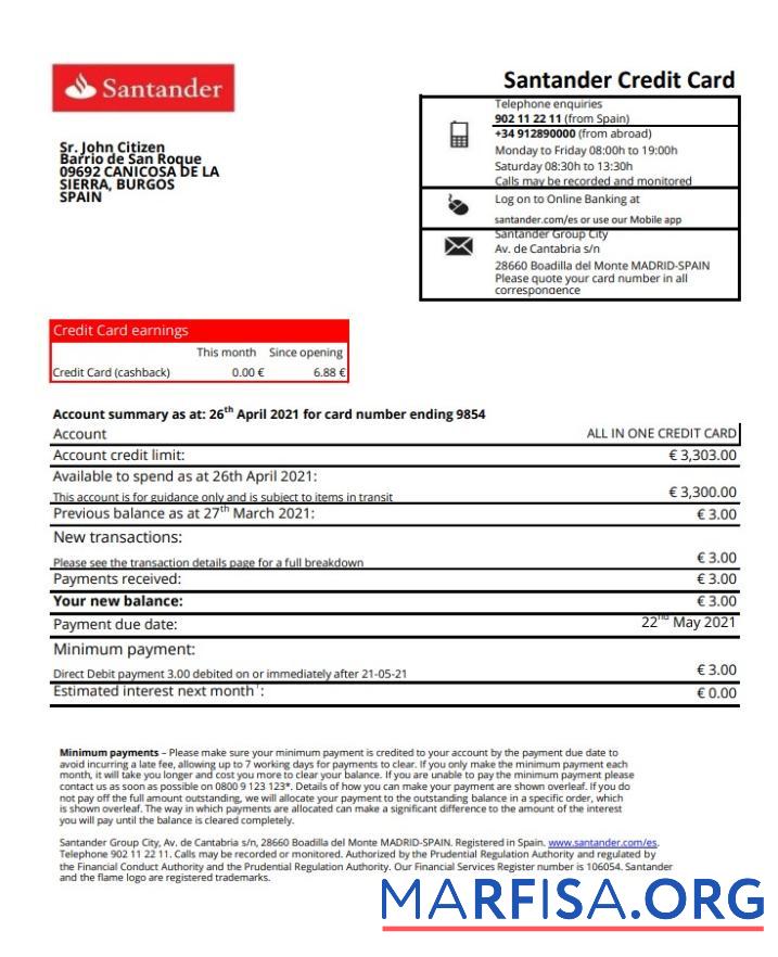 Realistic Spain Santander bank statement 1 page excel sample